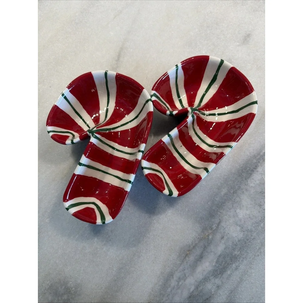 Set Of 2 Pier‎ 1 Imports Christmas Candy Cane Ceramic Dip/ Serving Bowls OLA001